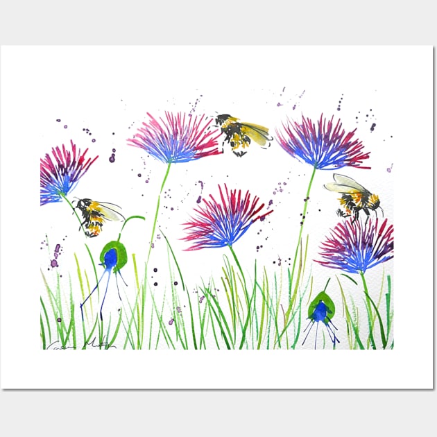Bumble bees and Blue and Purple Flowers Wall Art by Casimirasquirkyart
